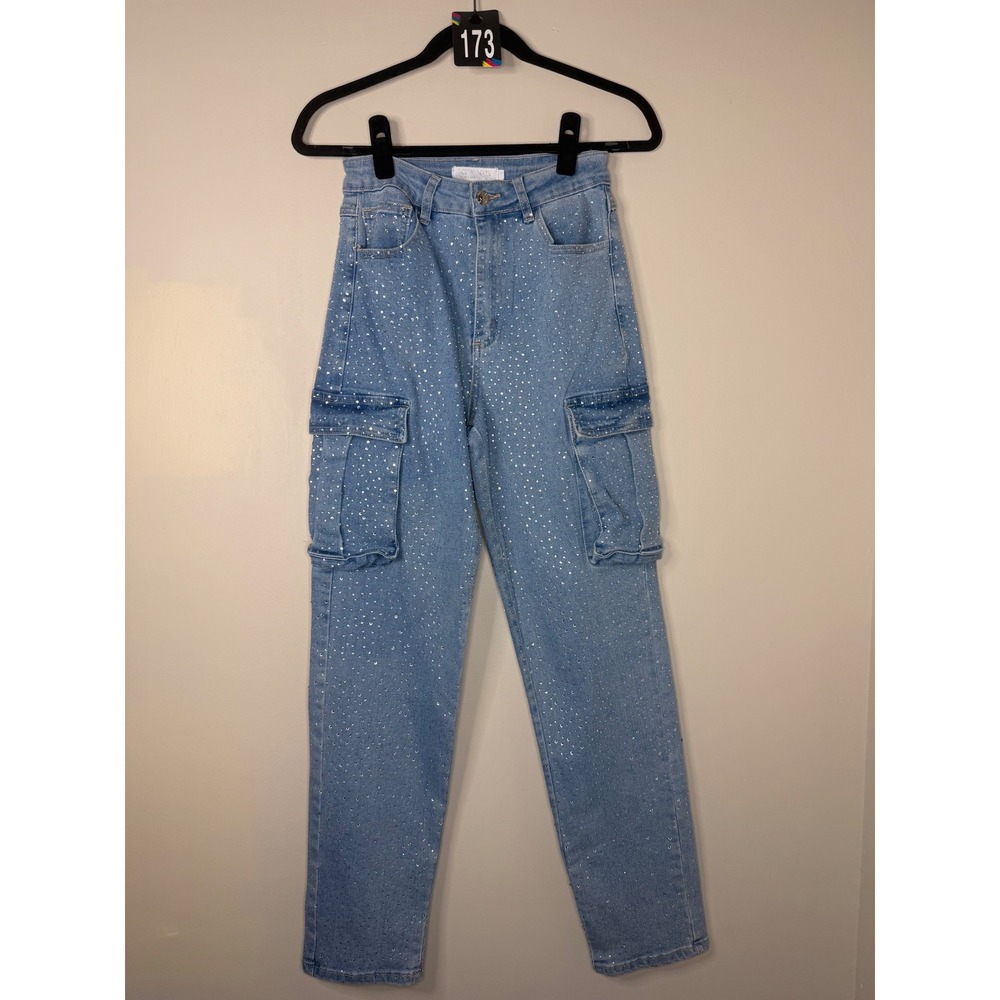 #173 MUY MUY Rhinestone Cargo Jeans Sz. 7 Blue Embellished W: 25" R: 12" I: 29